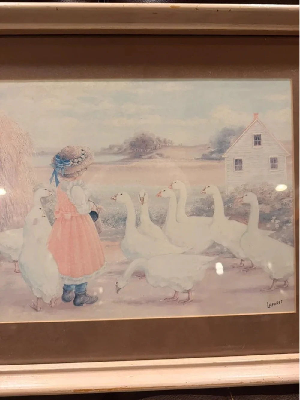 Vintage little girl and geese picture frame